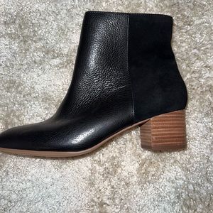 Never worn black boots, half velvet, half fake leather, with wooden heel!